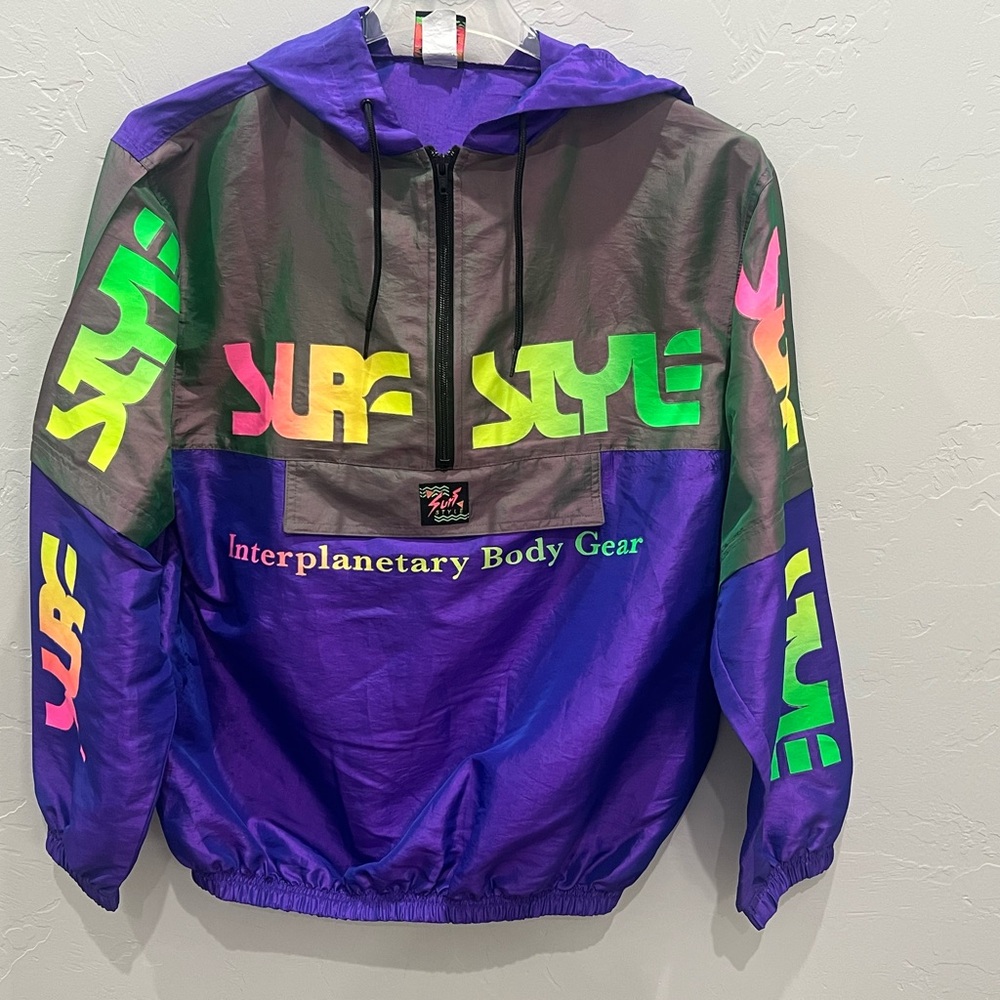 Surf Style Windbreaker Jacket Mens Medium Purple Half Zip Neon Pullover 90s Vtg